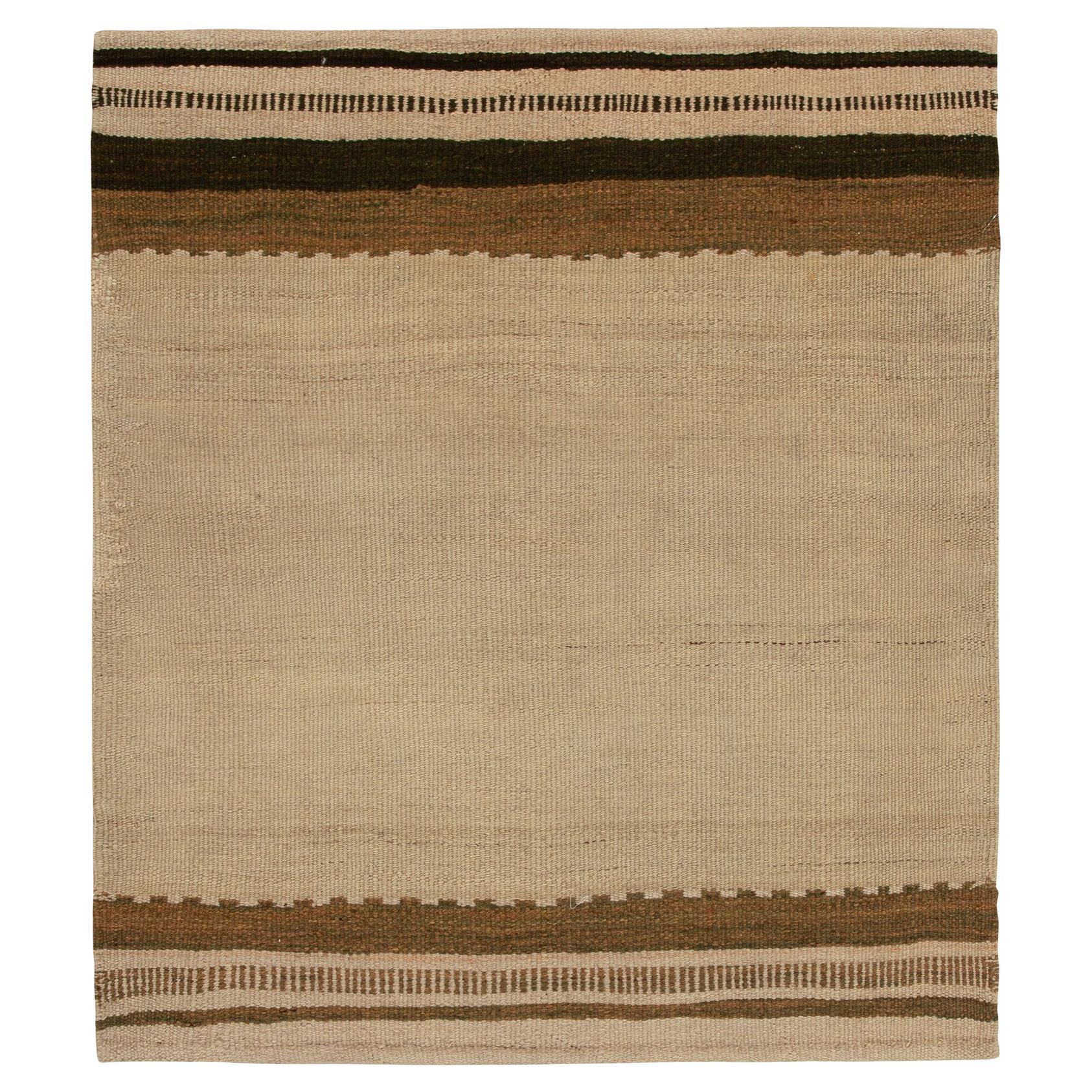 1980s Vintage Kilim Sofreh rug in Beige-Brown Striped Border by Rug & Kilim For Sale
