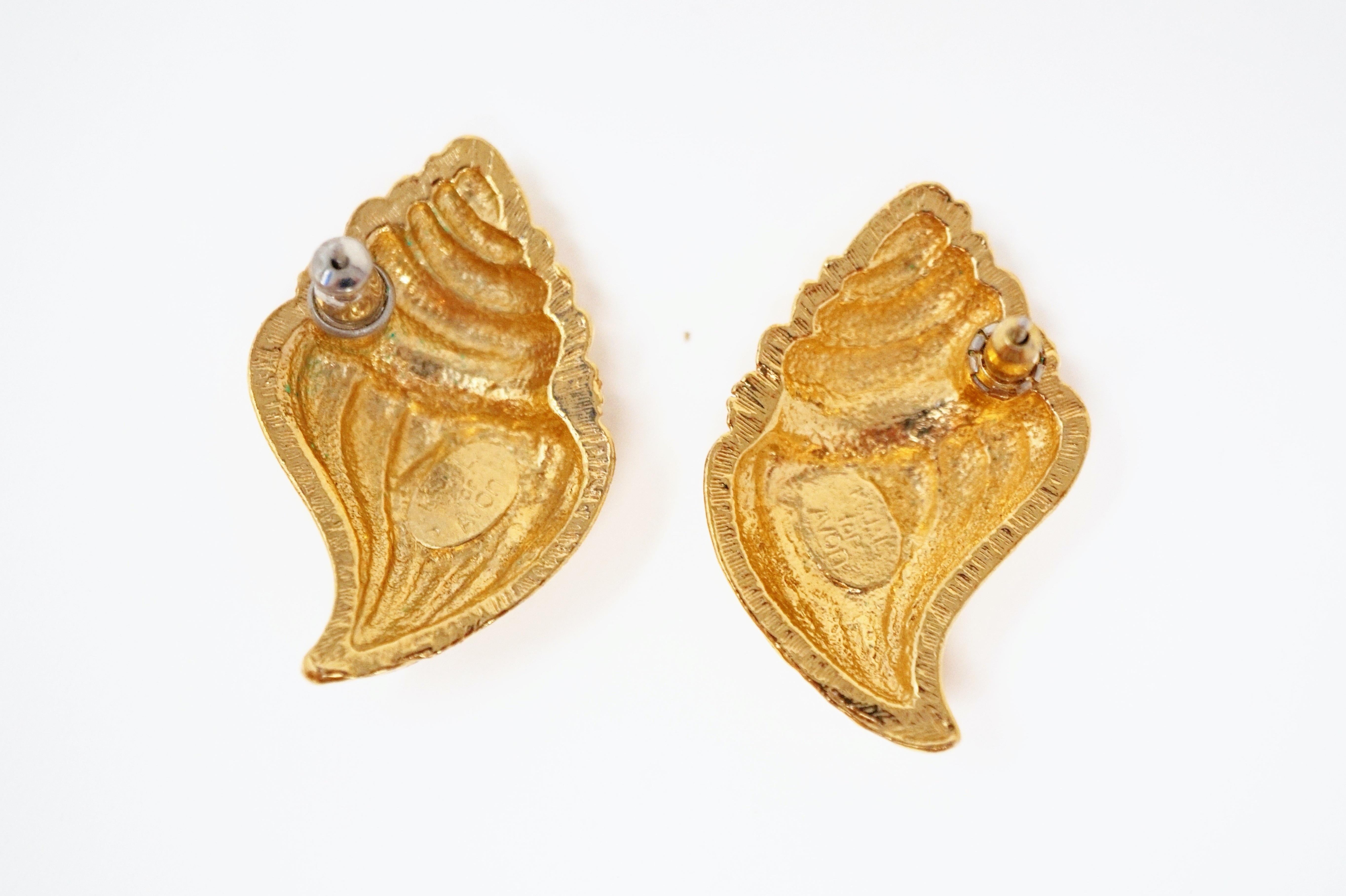 Modern 1980s Vintage KJL Kenneth Jay Lane Gilded Seashell Statement Earrings, Signed