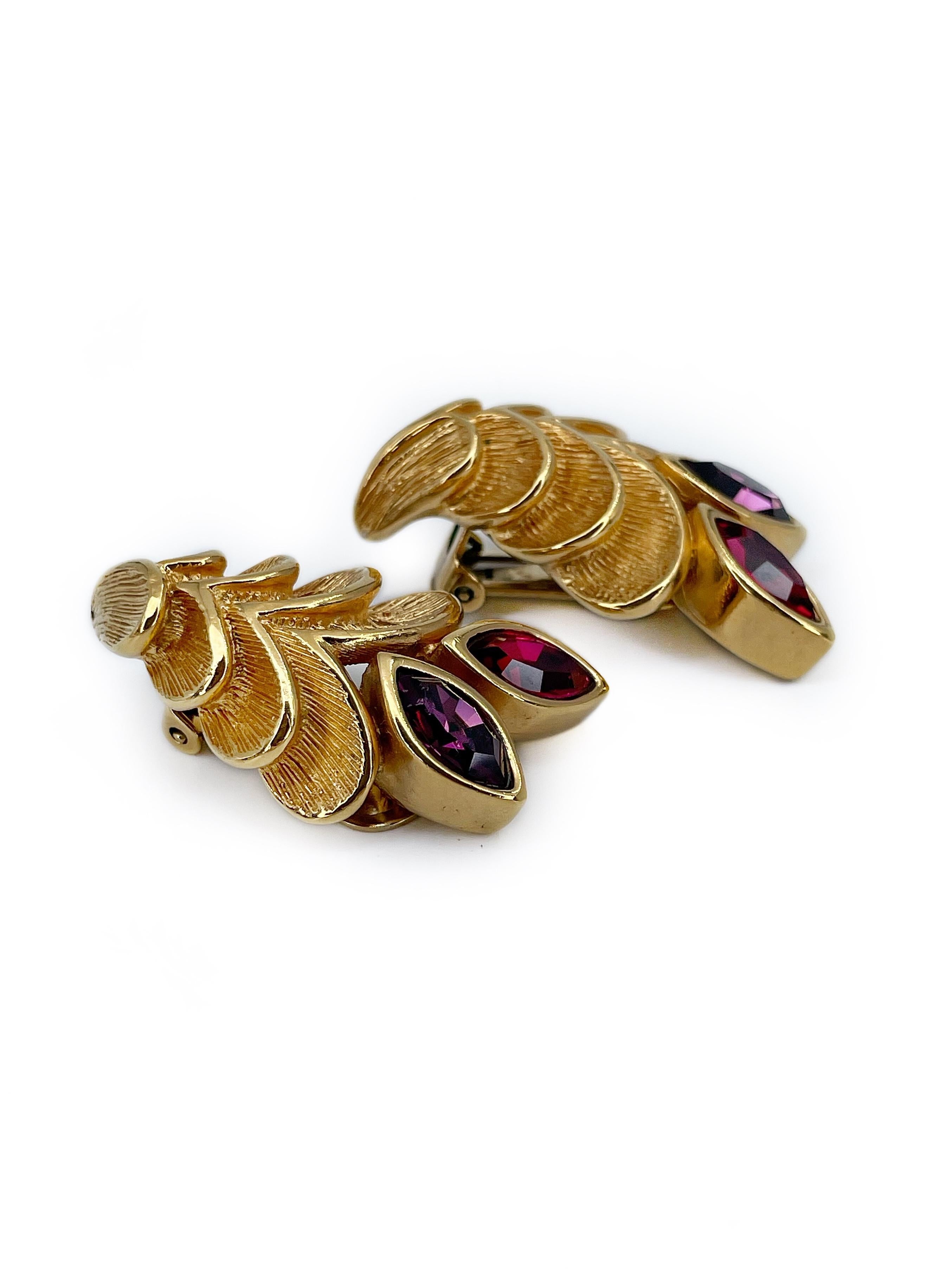 Modern 1980s Vintage Lanvin Gold Tone Colourful Rhinestone Floral Clip On Earrings