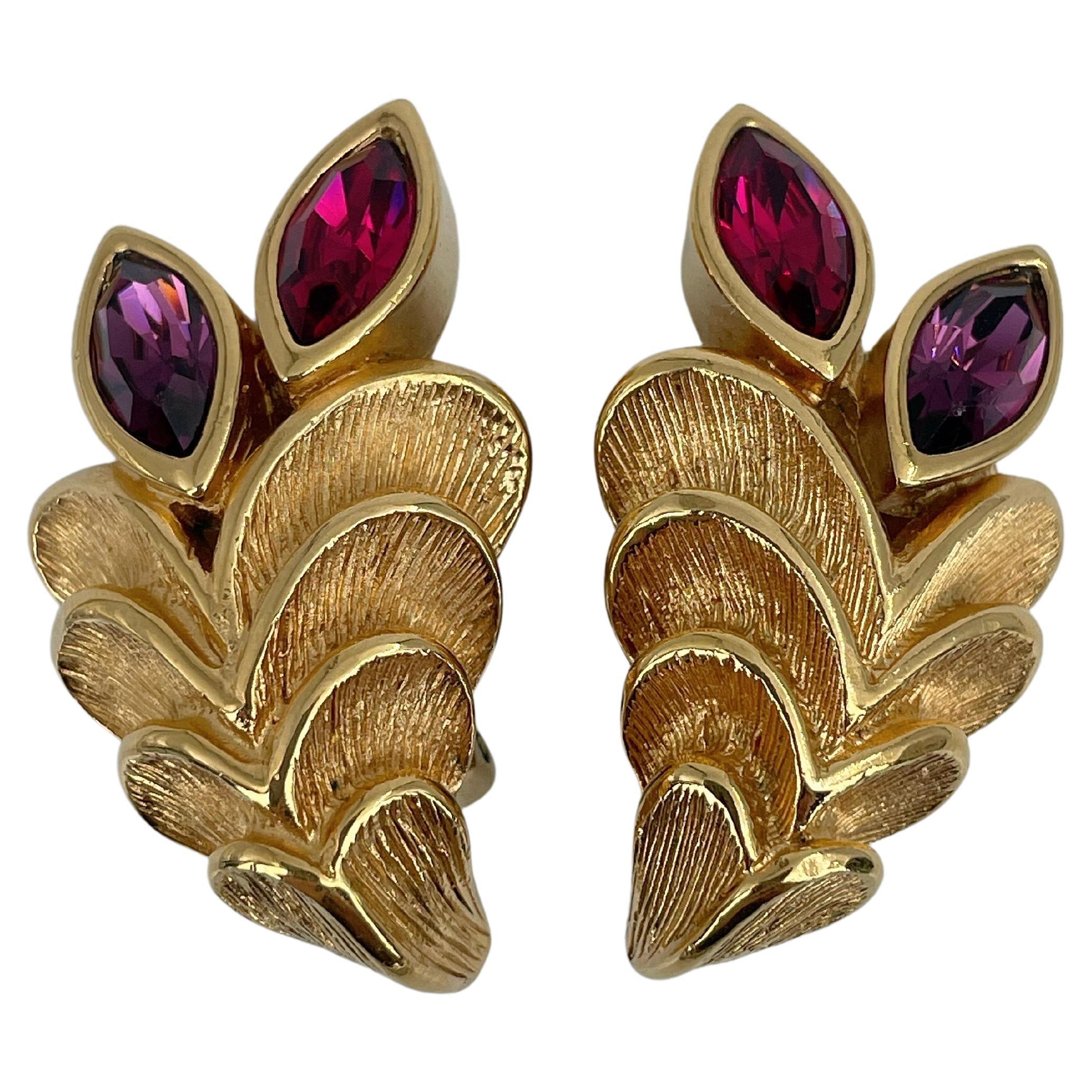 1980s Vintage Lanvin Gold Tone Colourful Rhinestone Floral Clip On Earrings