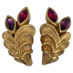 1980s Retro Lanvin Gold Tone Colourful Rhinestone Floral Clip On Earrings