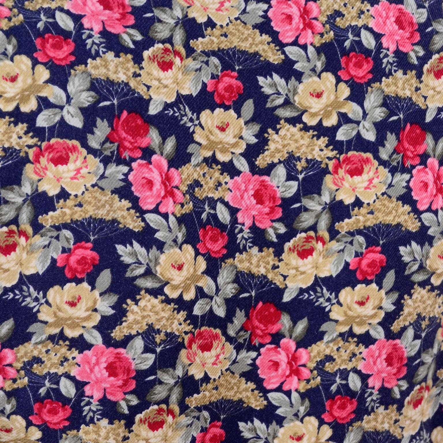 1980s Vintage Laura Ashley Navy Blue Cotton Dress W/ Pink & Red Flowers 2
