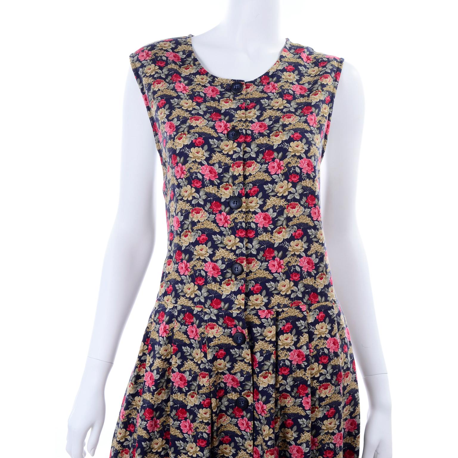 Women's 1980s Vintage Laura Ashley Navy Blue Cotton Dress W/ Pink & Red Flowers