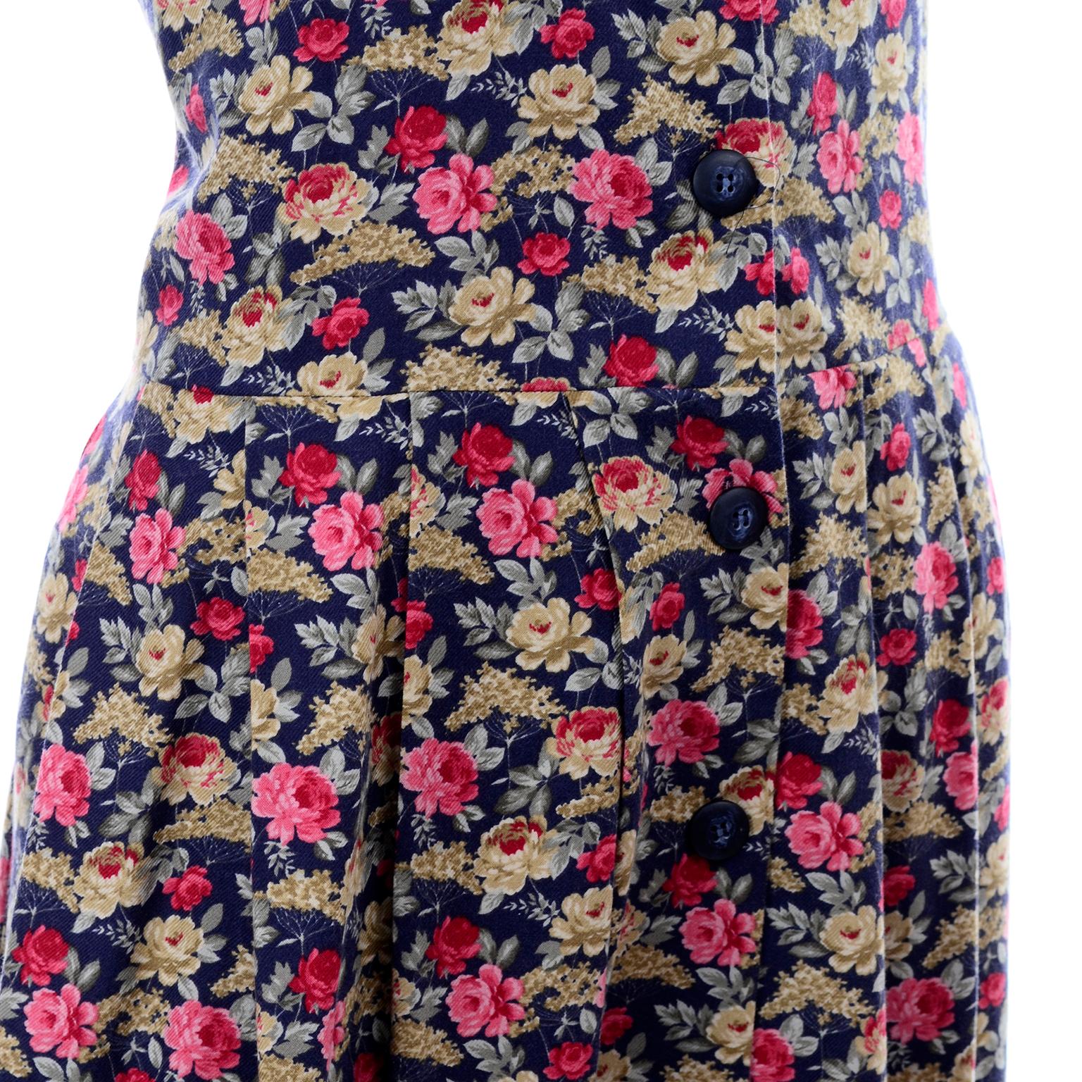 1980s Vintage Laura Ashley Navy Blue Cotton Dress W/ Pink & Red Flowers 1