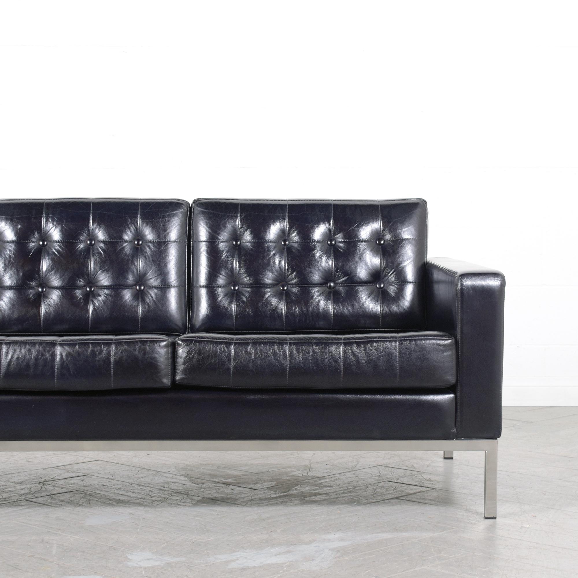 Mid-Century Modern 1980s Vintage Leather Sofa: Timeless Mid-Century Elegance Restored For Sale