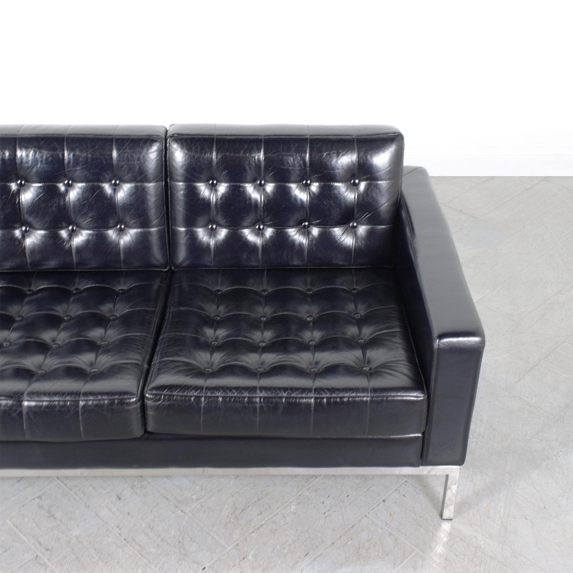 American 1980s Vintage Leather Sofa: Timeless Mid-Century Elegance Restored For Sale