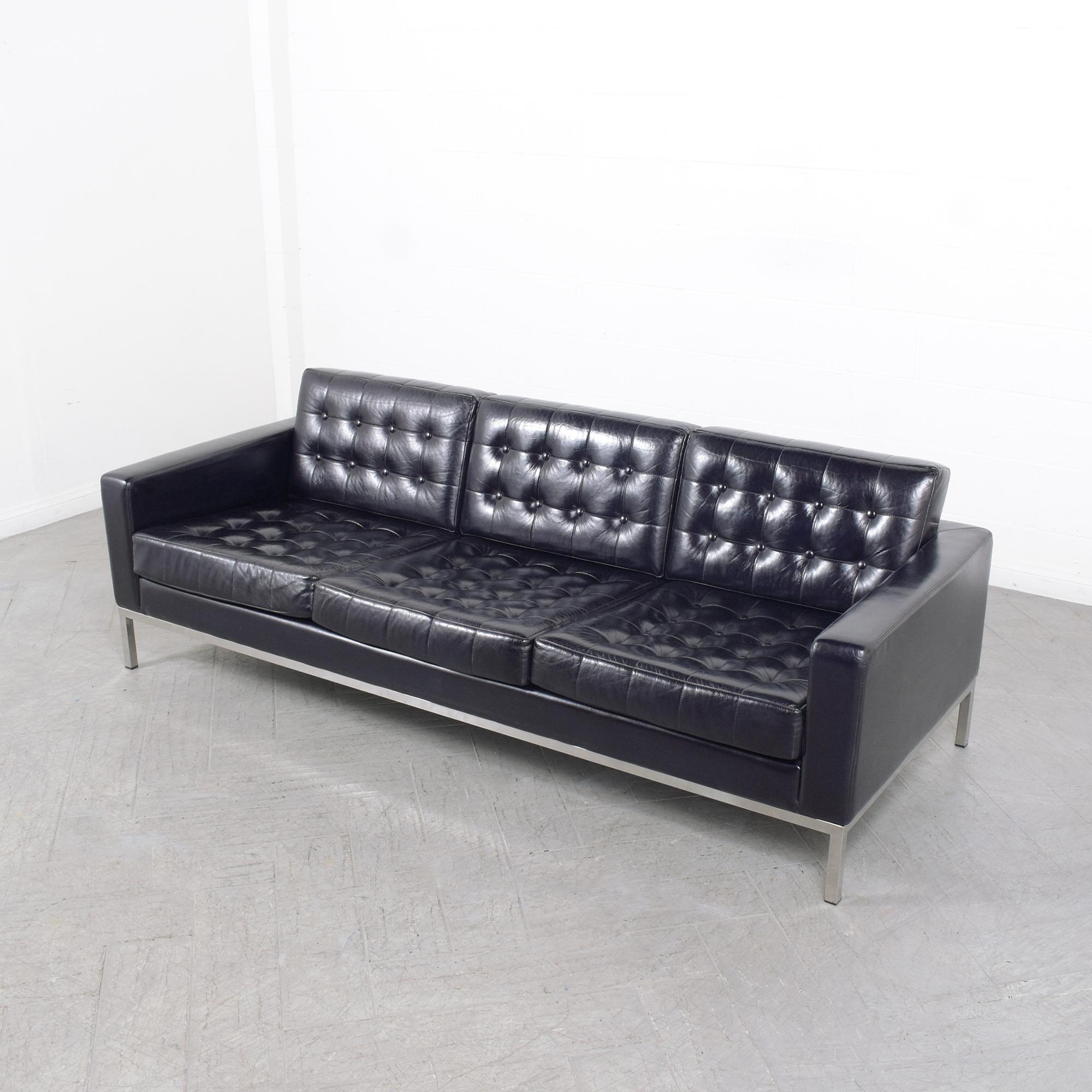 Brushed 1980s Vintage Leather Sofa: Timeless Mid-Century Elegance Restored For Sale