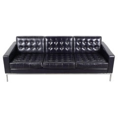 1980s Vintage Leather Sofa: Milo Baughman-Inspired Elegance in Dark Navy Blue