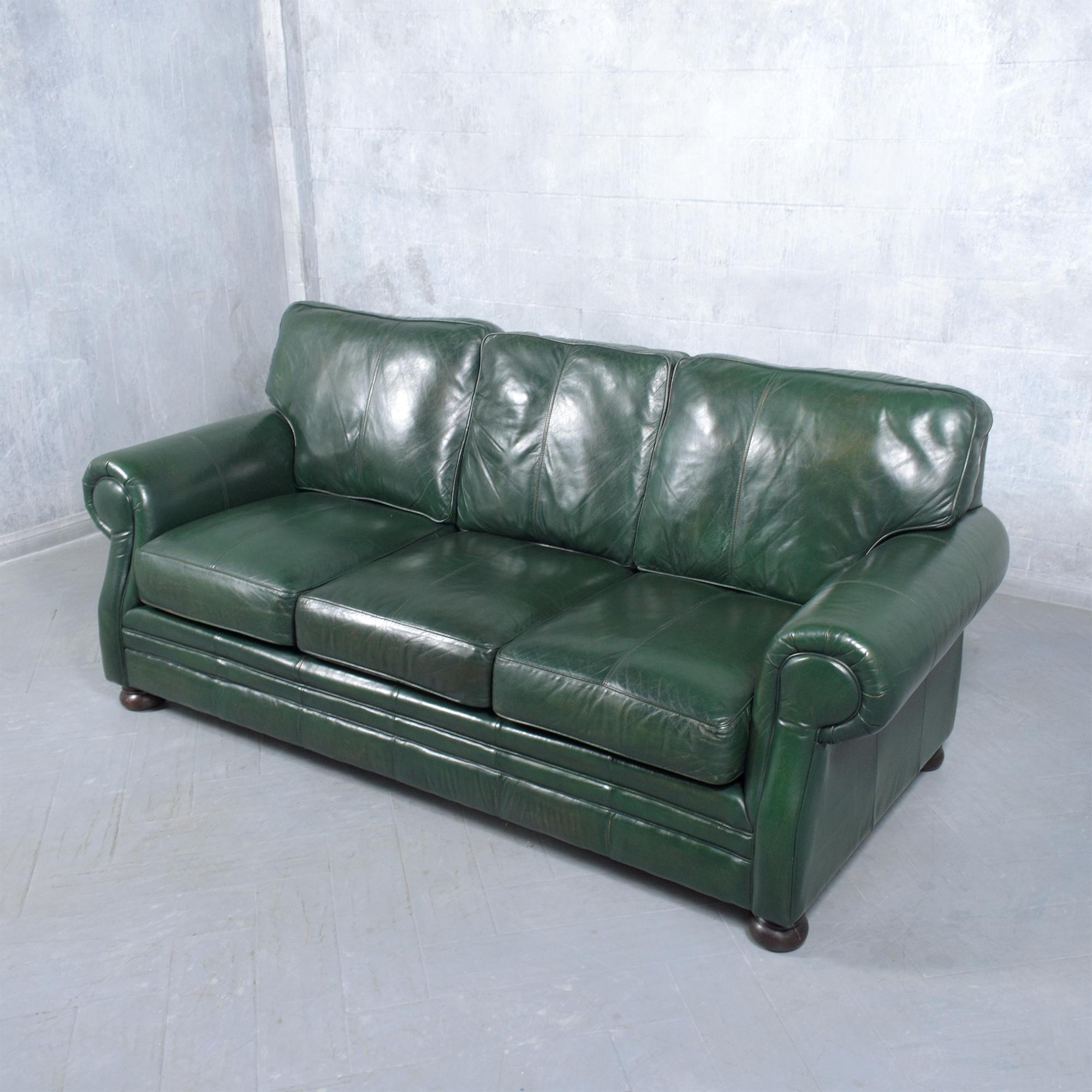 Restored 1980s Vintage Leather Sofa in Dark Green with Carved Bun Legs For Sale 3