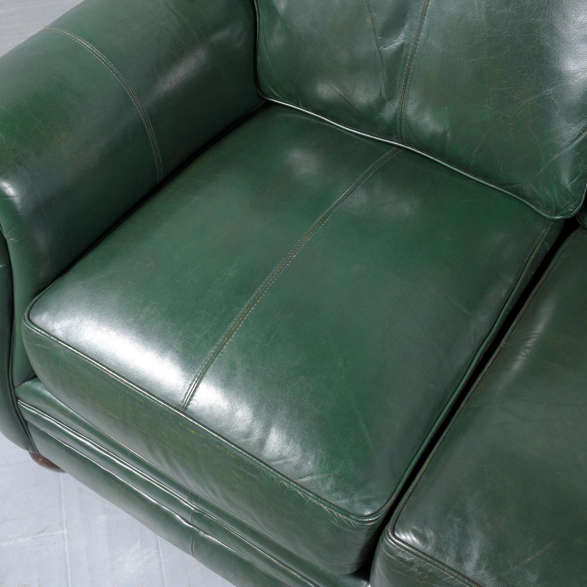 Restored 1980s Vintage Leather Sofa in Dark Green with Carved Bun Legs For Sale 4