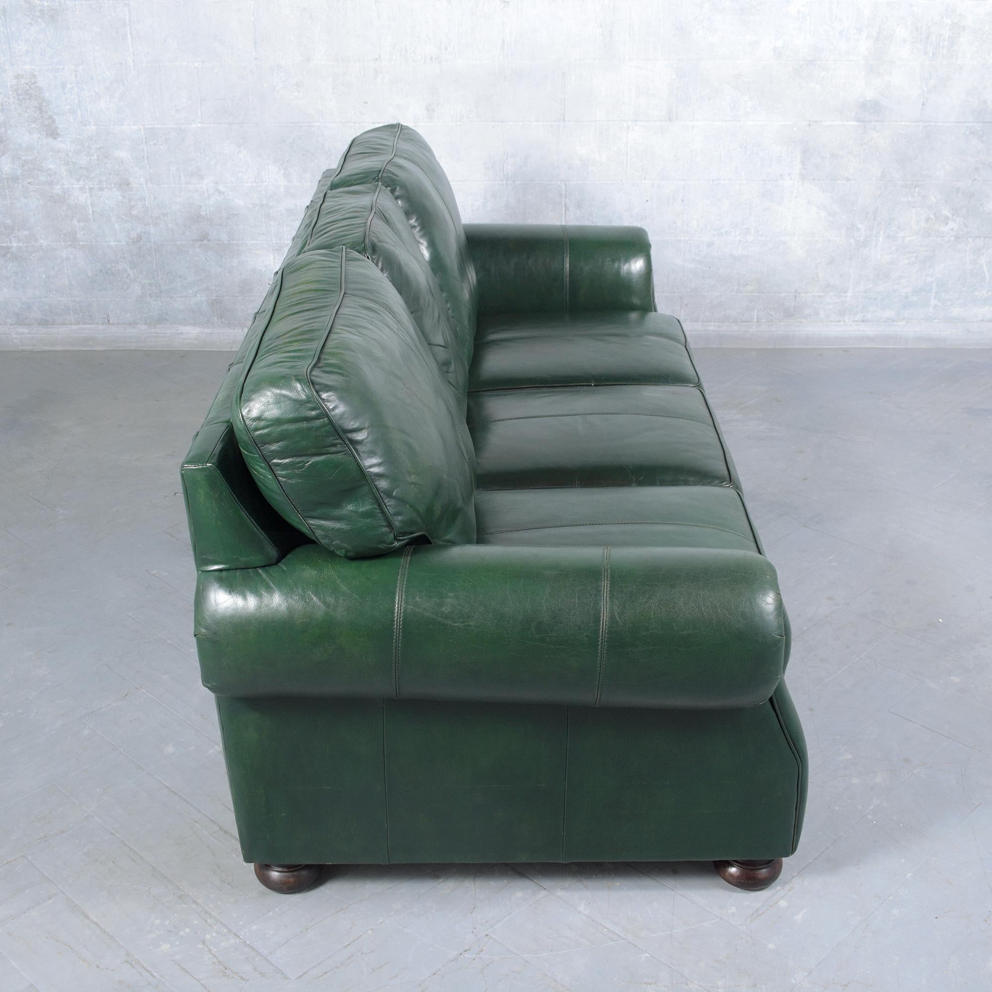 Restored 1980s Vintage Leather Sofa in Dark Green with Carved Bun Legs For Sale 5