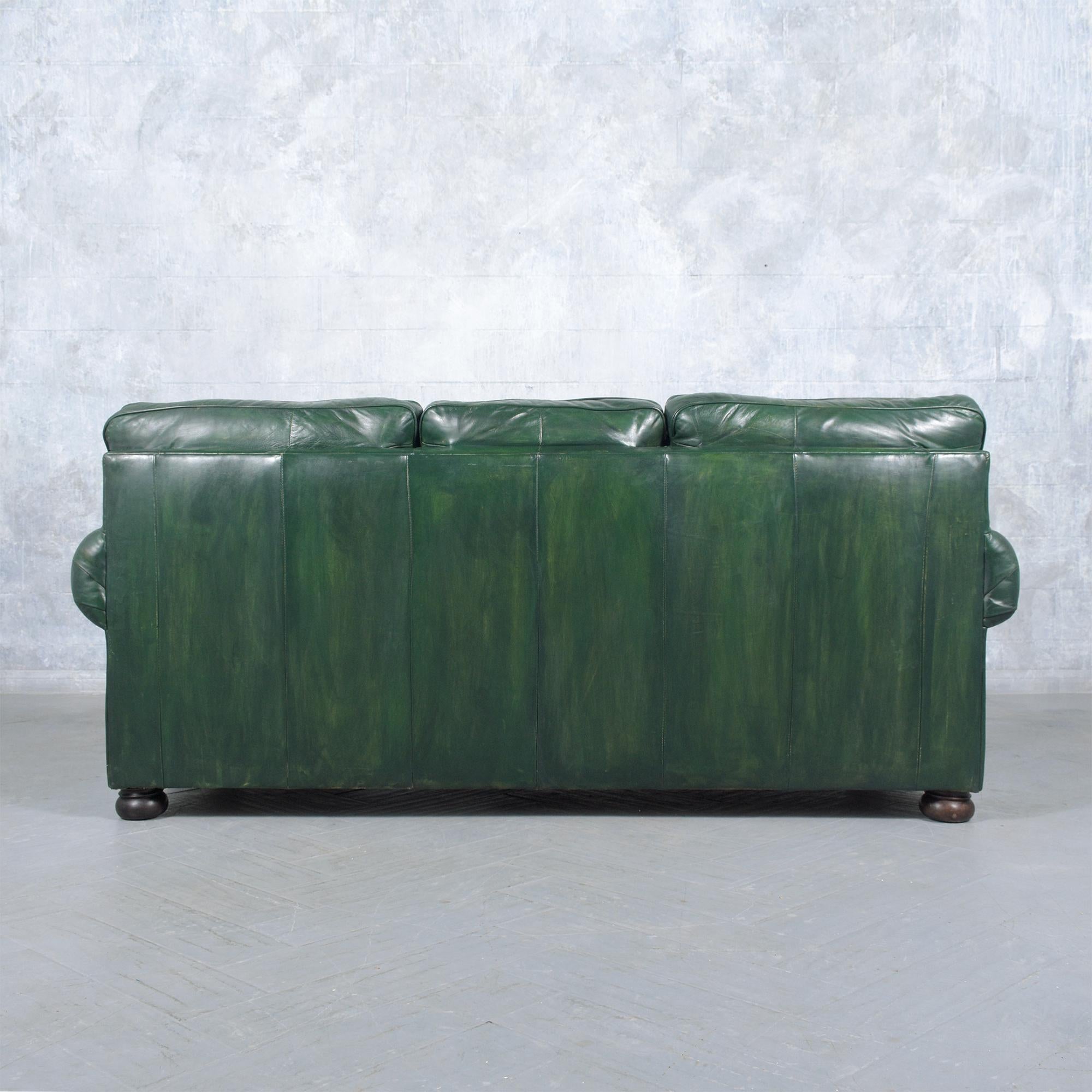 Restored 1980s Vintage Leather Sofa in Dark Green with Carved Bun Legs For Sale 6