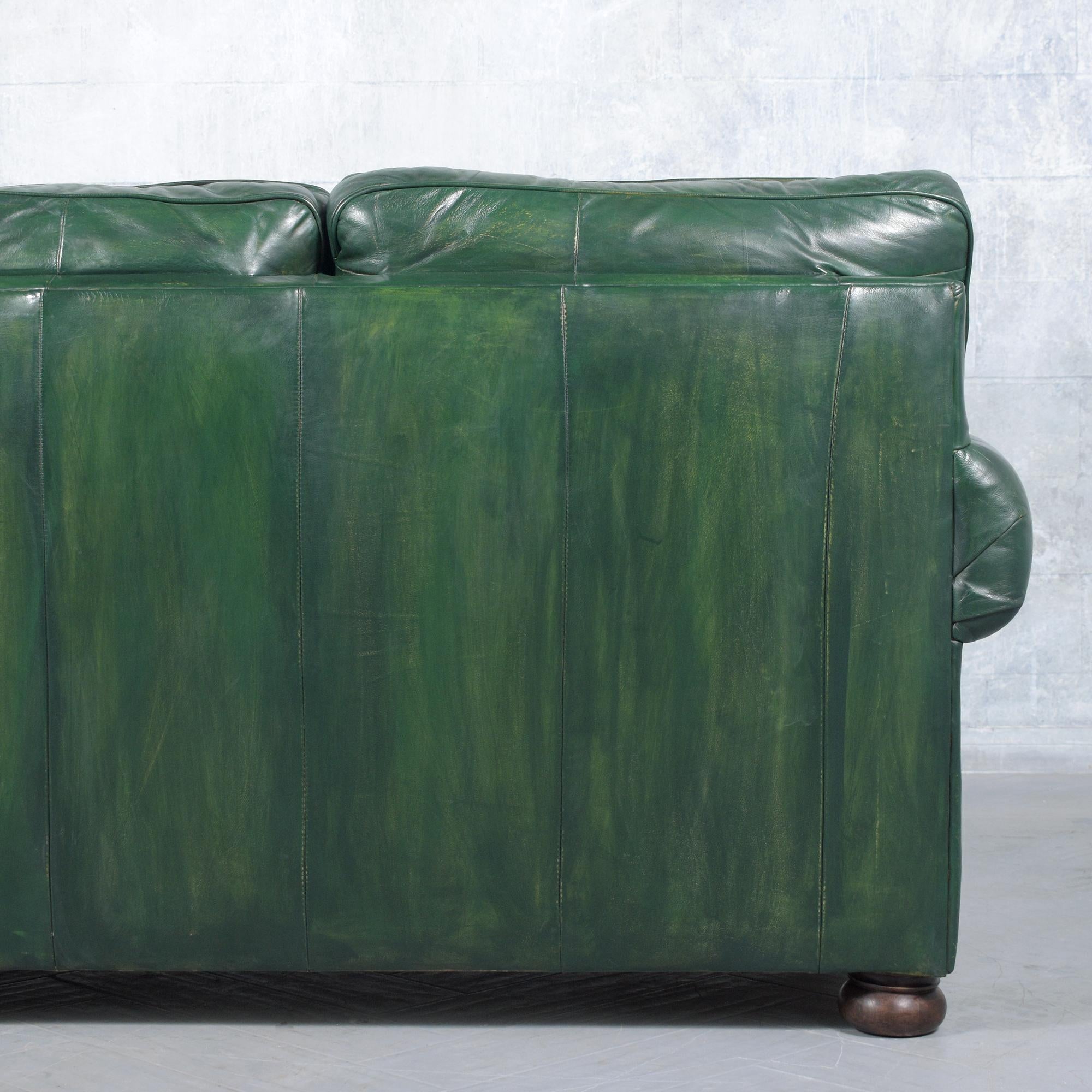 Restored 1980s Vintage Leather Sofa in Dark Green with Carved Bun Legs For Sale 7