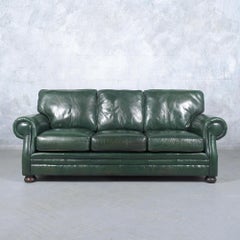 Restored 1980s Vintage Leather Sofa in Dark Green with Carved Bun Legs