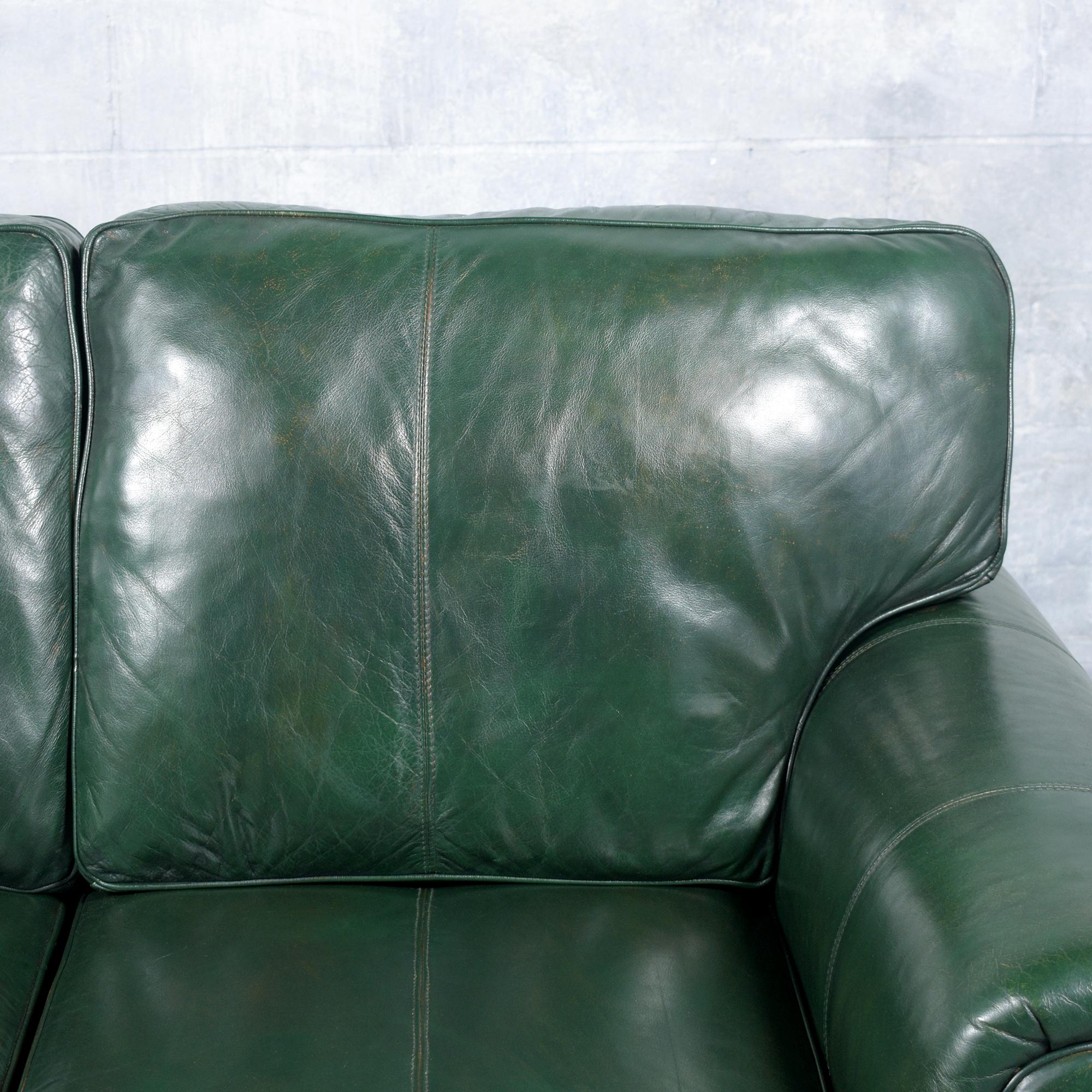 American Restored 1980s Vintage Leather Sofa in Dark Green with Carved Bun Legs For Sale