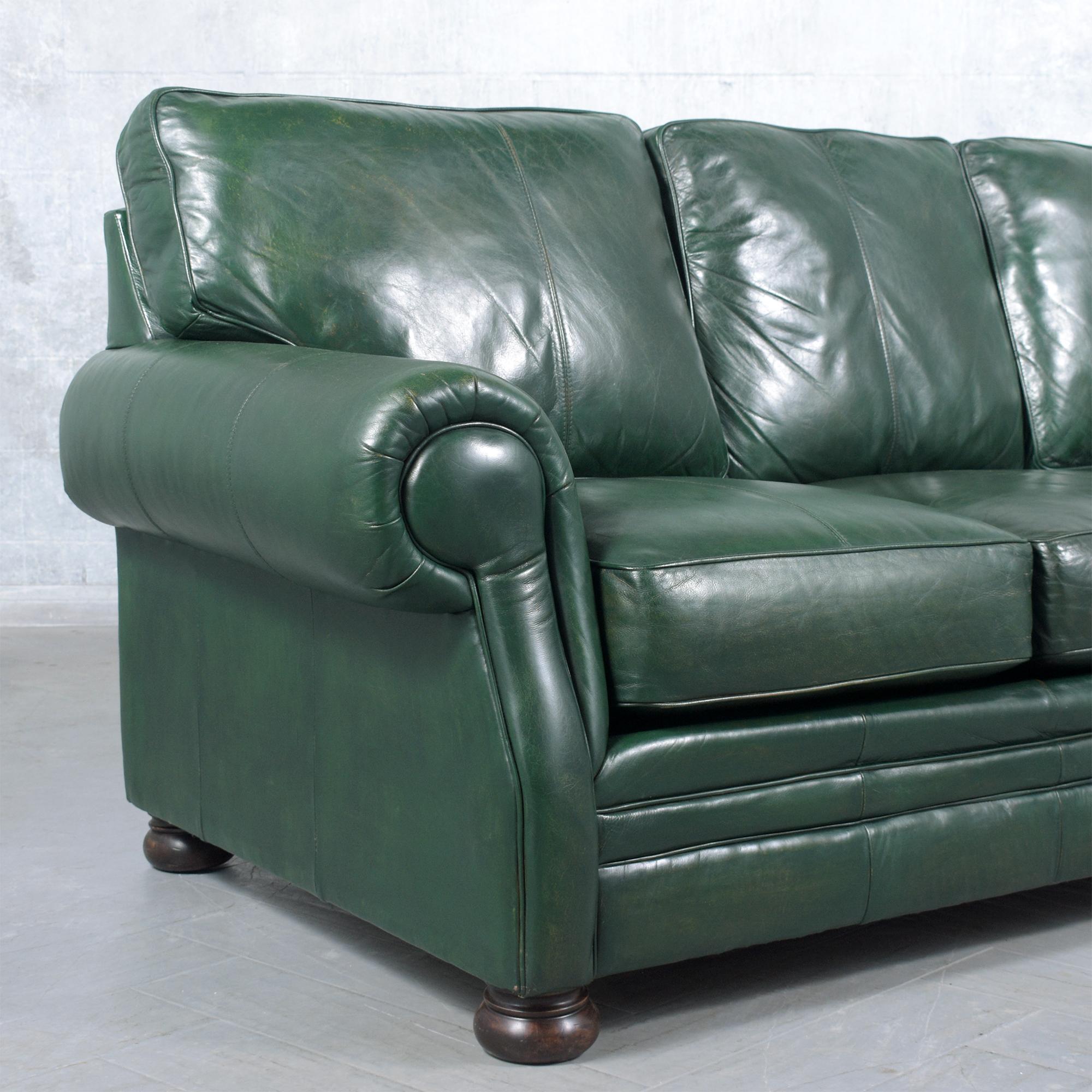 Late 20th Century Restored 1980s Vintage Leather Sofa in Dark Green with Carved Bun Legs For Sale