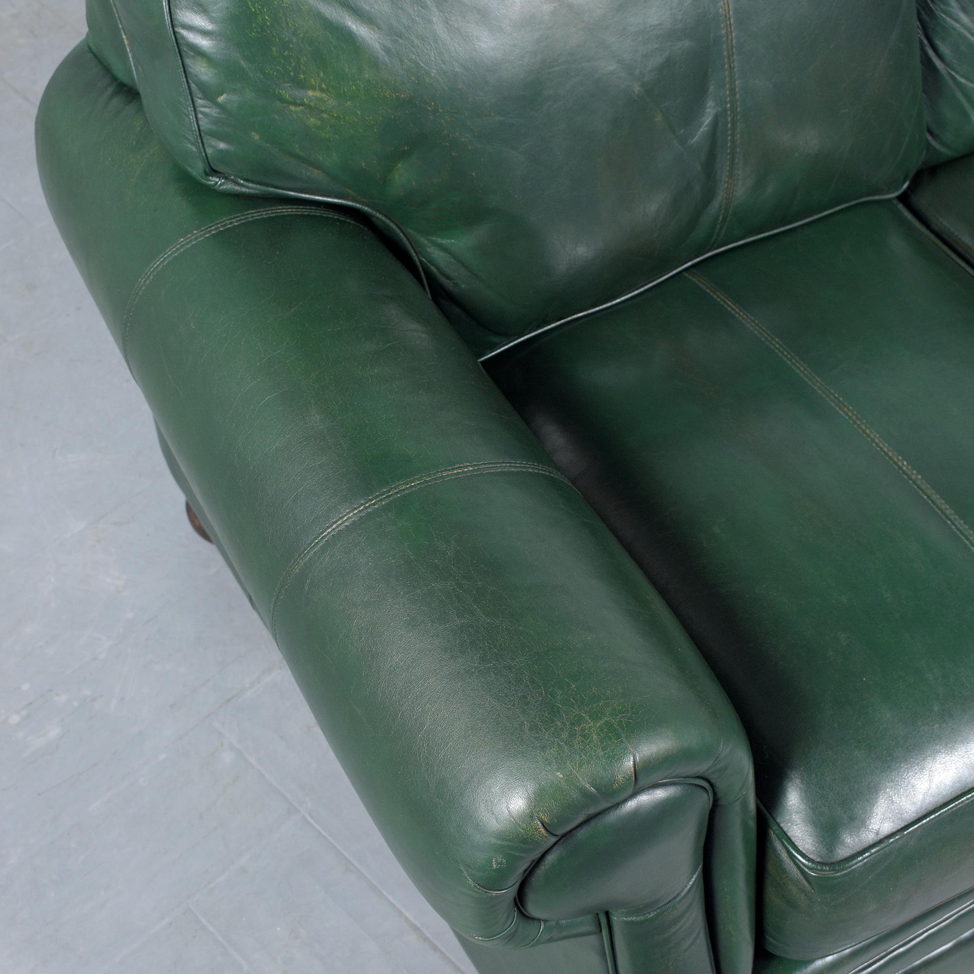 Restored 1980s Vintage Leather Sofa in Dark Green with Carved Bun Legs For Sale 1