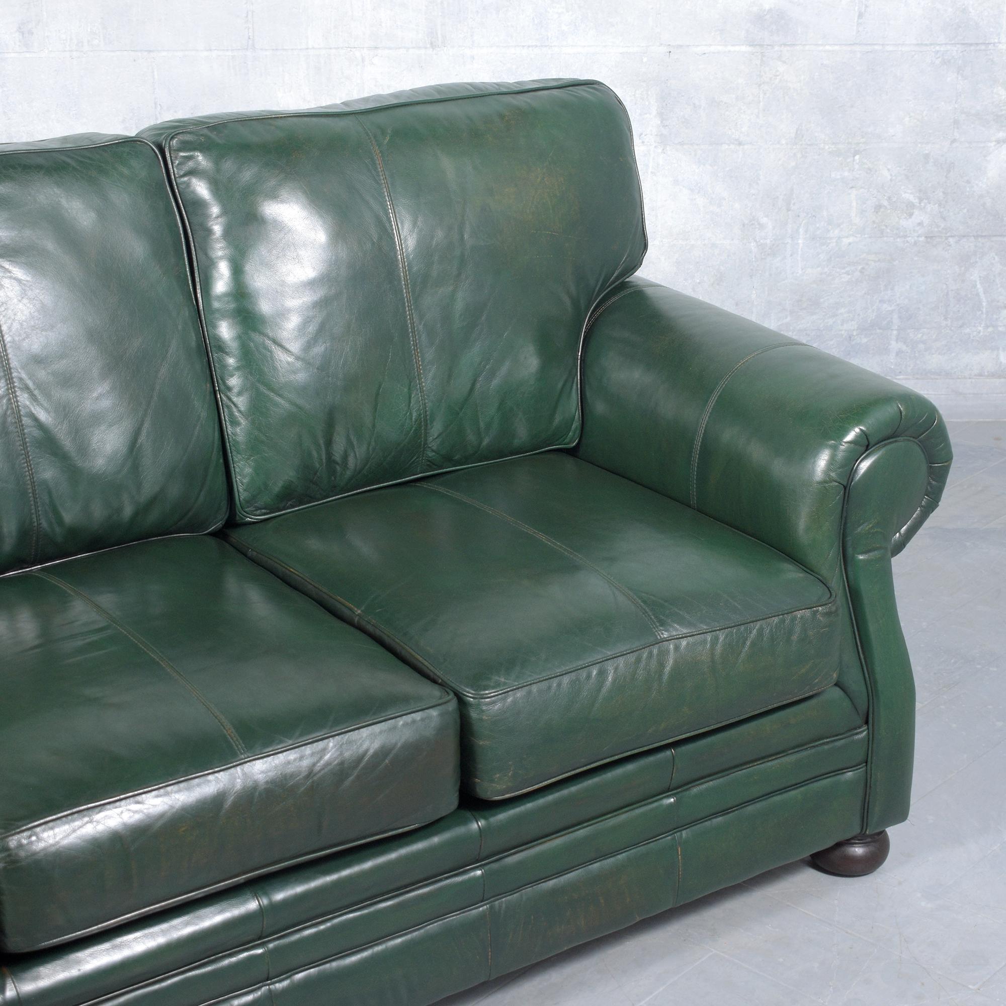 Restored 1980s Vintage Leather Sofa in Dark Green with Carved Bun Legs For Sale 2