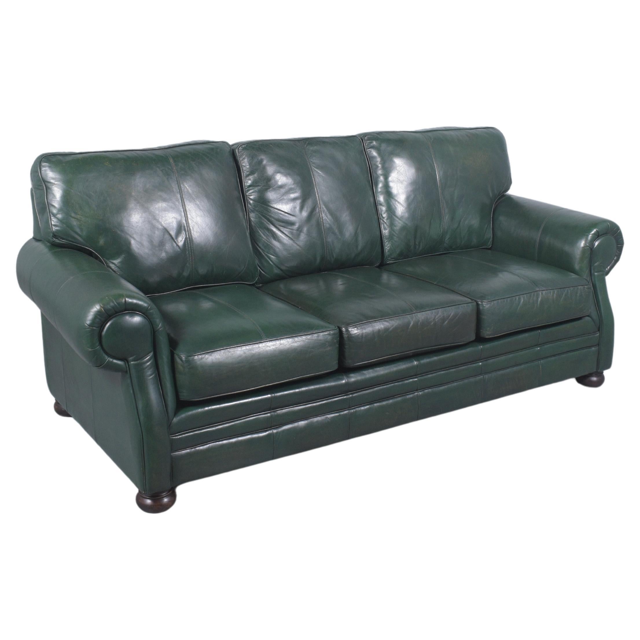 Restored 1980s Vintage Leather Sofa in Dark Green with Carved Bun Legs