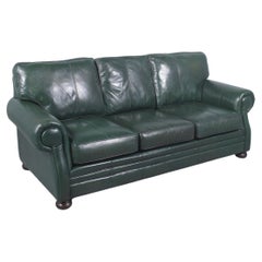 1980s Retro Leather Sofa: Restored Dark Green Elegance