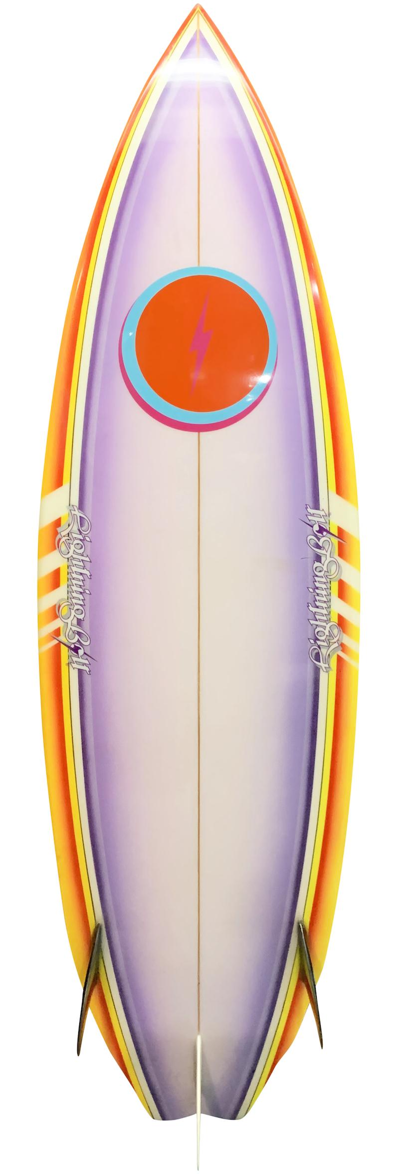 Early-mid 1980's Vintage Lightning Bolt Rory Russell model shaped by Tom Eberly. Featuring a vibrant 80's era airbrush with thruster (tri-fin) setup. Restored to original condition. 

In 1972, Gerry Lopez and Jack Shipley started the popular