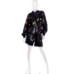 1980s Vintage Lillie Rubin Polka Dot Sequin Shorts & Zip Sweatshirt Suit Set Med