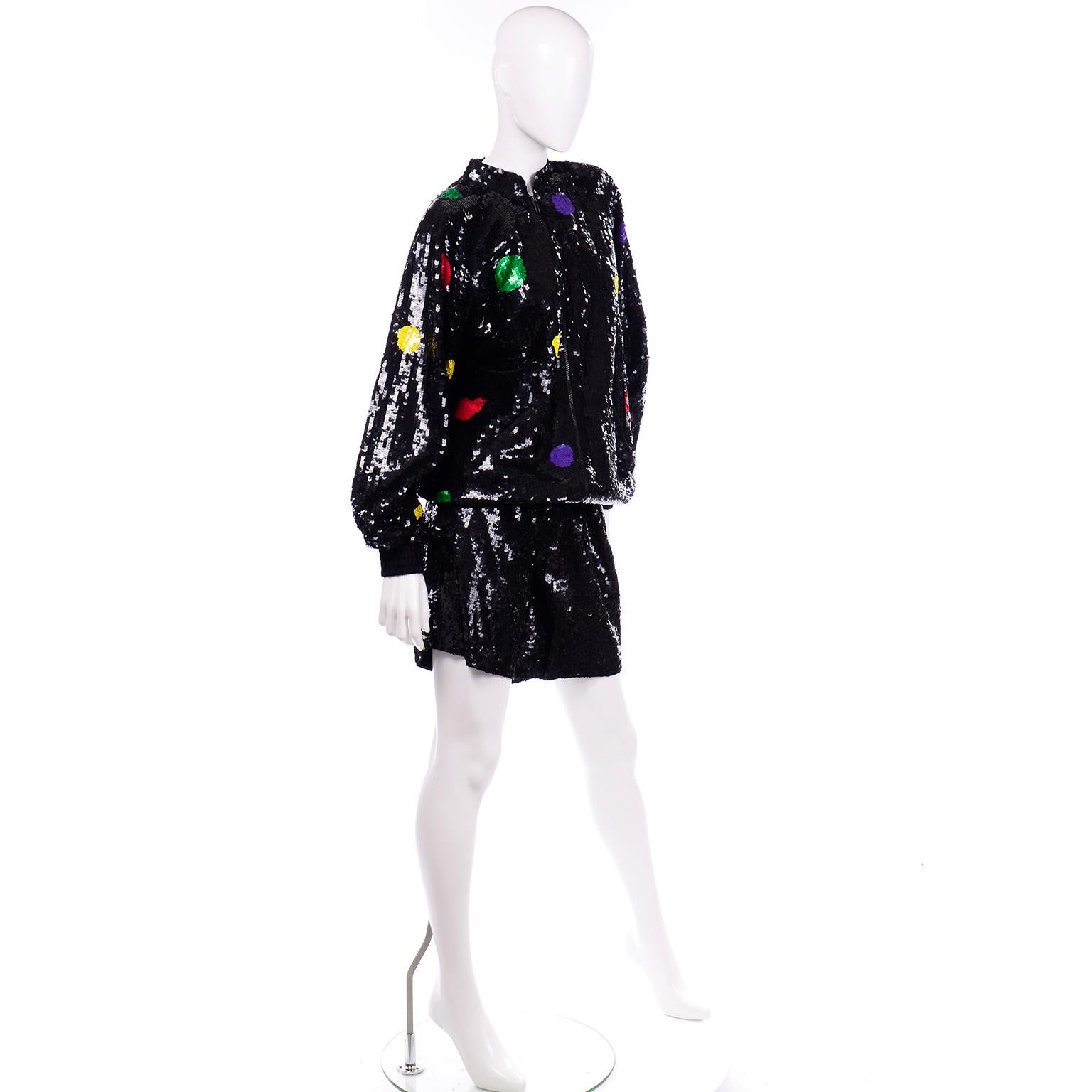 1980er Jahre Vintage Lillie Rubin Polka Dot Pailletten Shorts & Zip Sweatshirt Anzug Set Med Damen im Angebot
