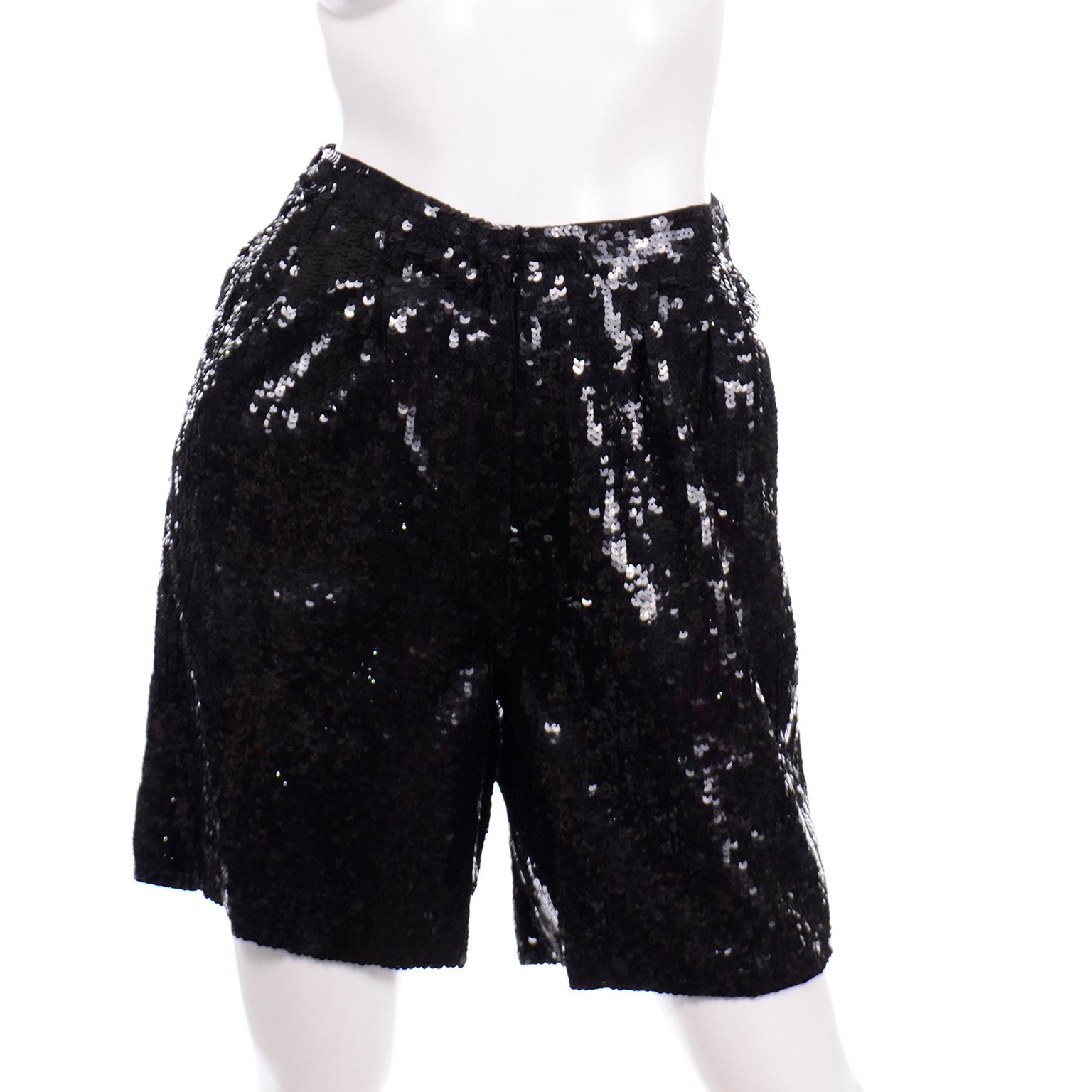 Black 1980s Vintage Lillie Rubin Polka Dot Sequin Shorts & Zip Sweatshirt Suit Set Med For Sale