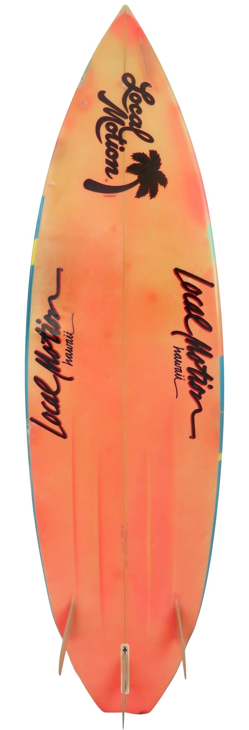 Mid-1980s local motion shortboard shaped by Robin Prodanovich. Features beautiful tropical airbrushed art on the deck with a channel bottom design and 2+1 fin setup. A fantastic example of a 1980s style airbrushed surfboard.