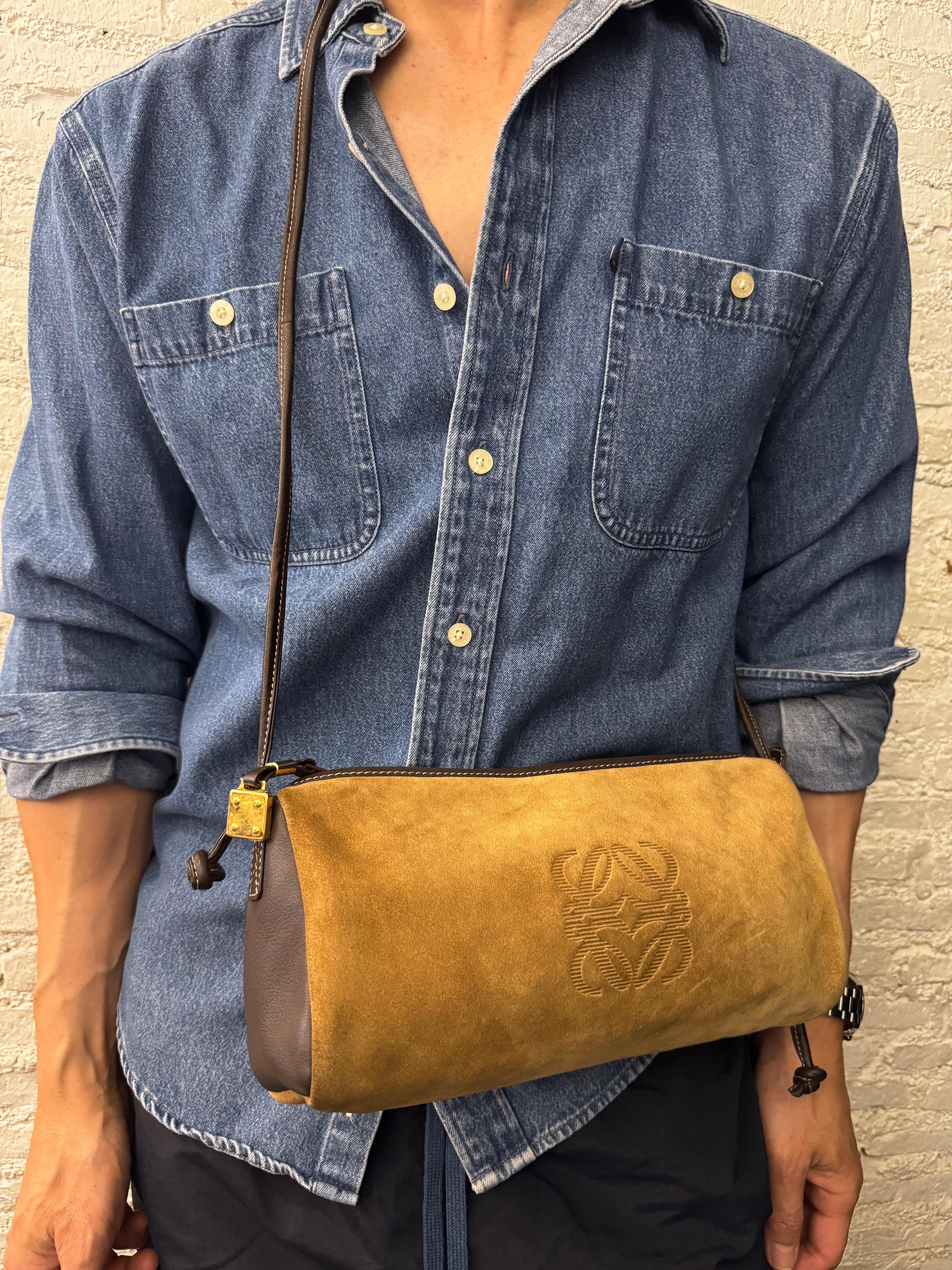 1980s Vintage LOEWE Anagram Triangle Crossbosy Bag Suede Brown Unisex 1
