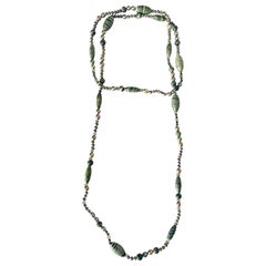 1980s Vintage Long Necklace with Serpentine Jasper and Baroque Pearls