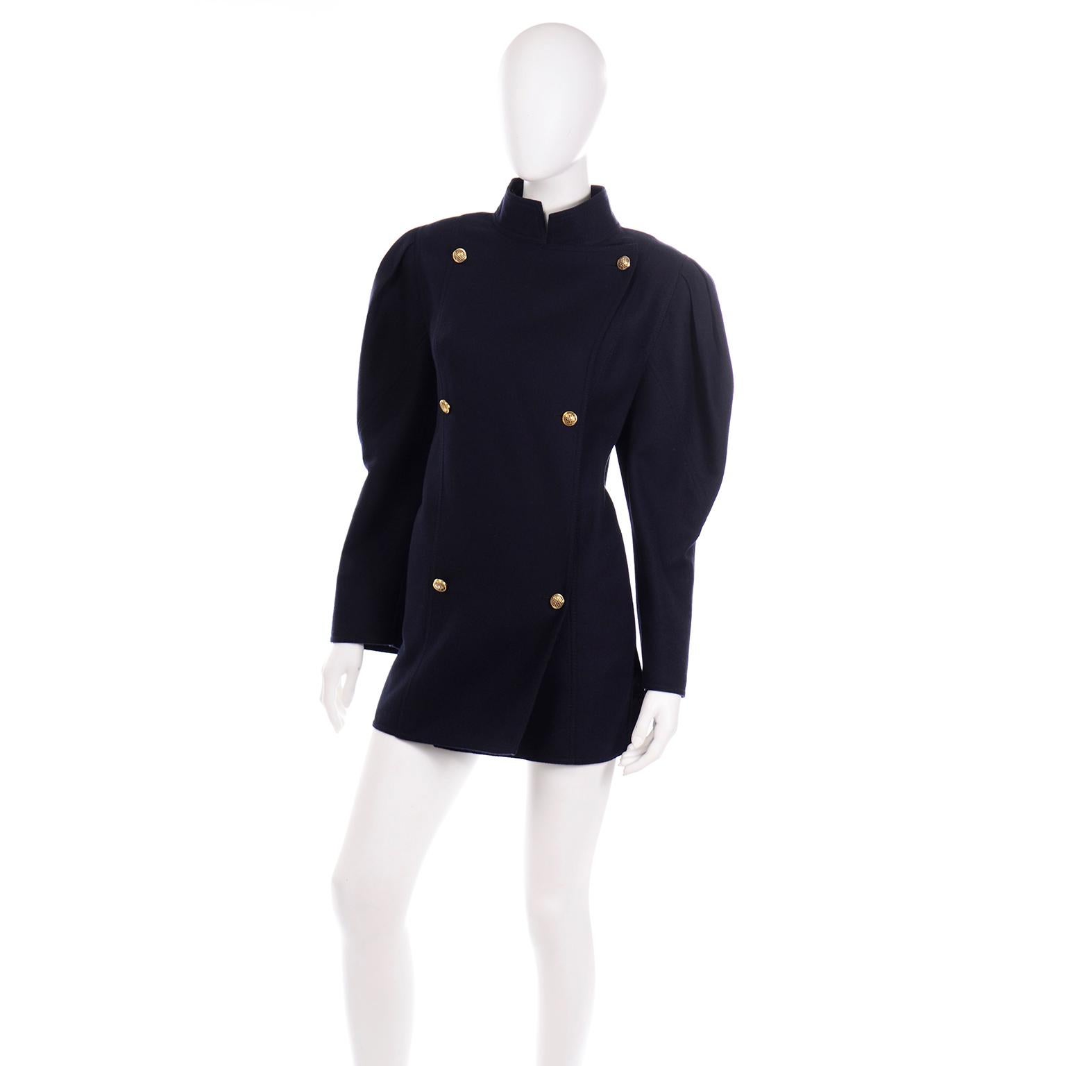 Black 1980s Vintage Louis Féraud Midnight Navy Blue Wool Double Breasted Jacket Coat