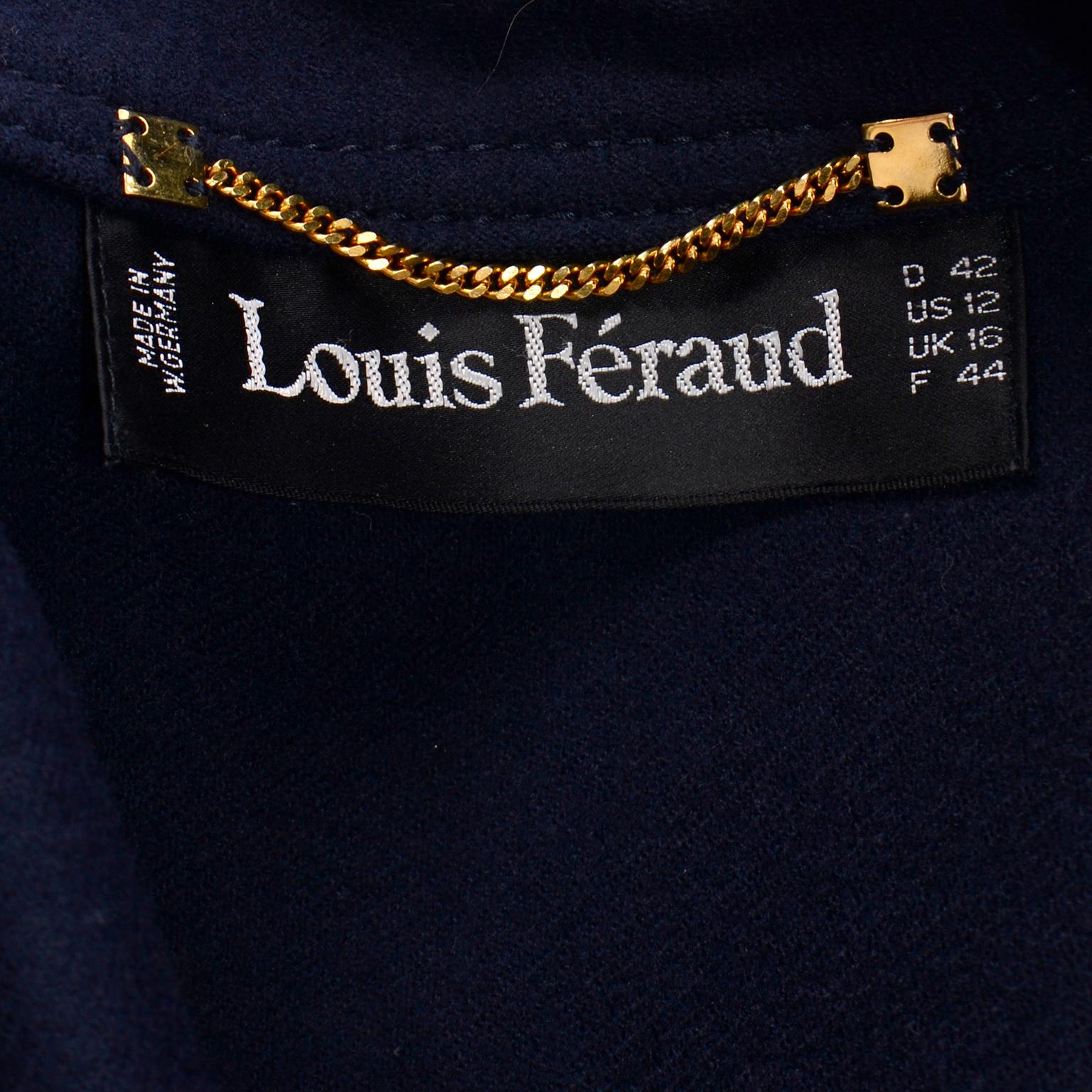 1980s Vintage Louis Féraud Midnight Navy Blue Wool Double Breasted Jacket Coat 1