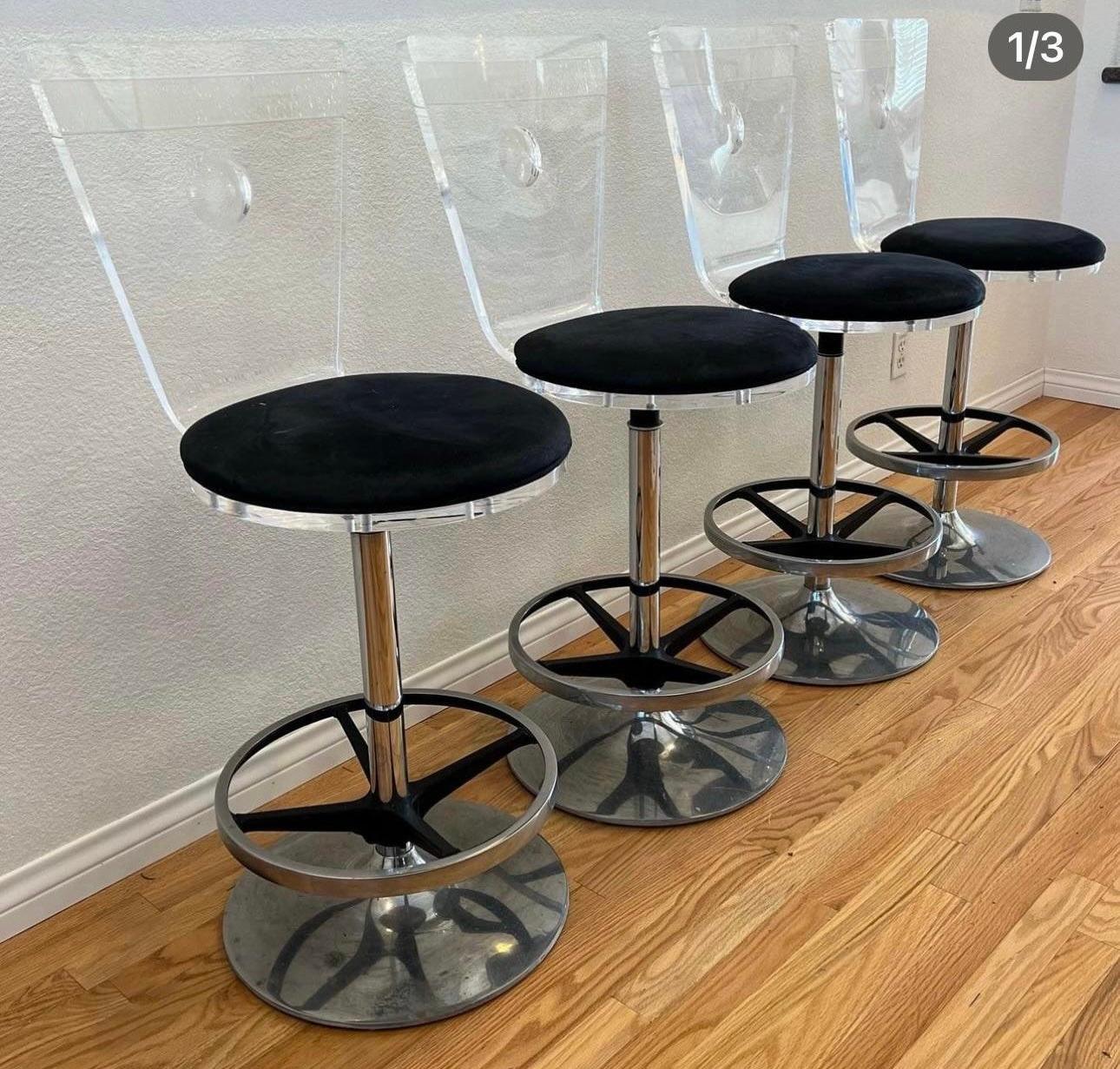 A set of 4 vintage lucite and chrome swivel stools by Hill manufacturing
Can separate them in pairs
Circa 1980's
Floor to top of the seat 25