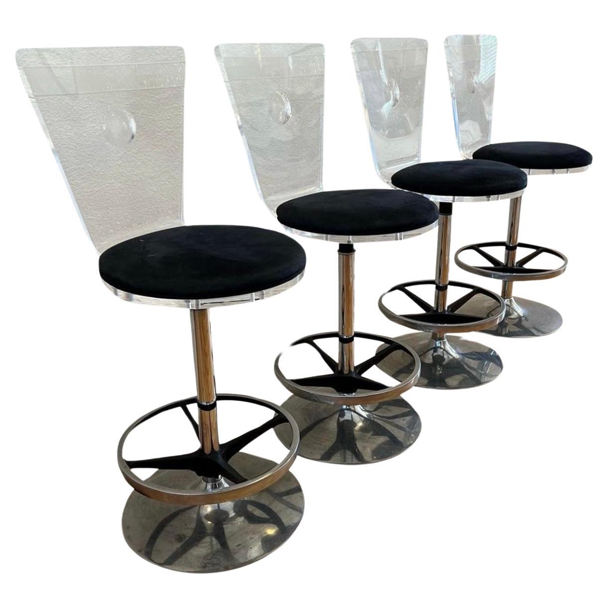 1980s Vintage Lucite and Chrome Swivel Counter Stools, Set of 4 chairs For Sale