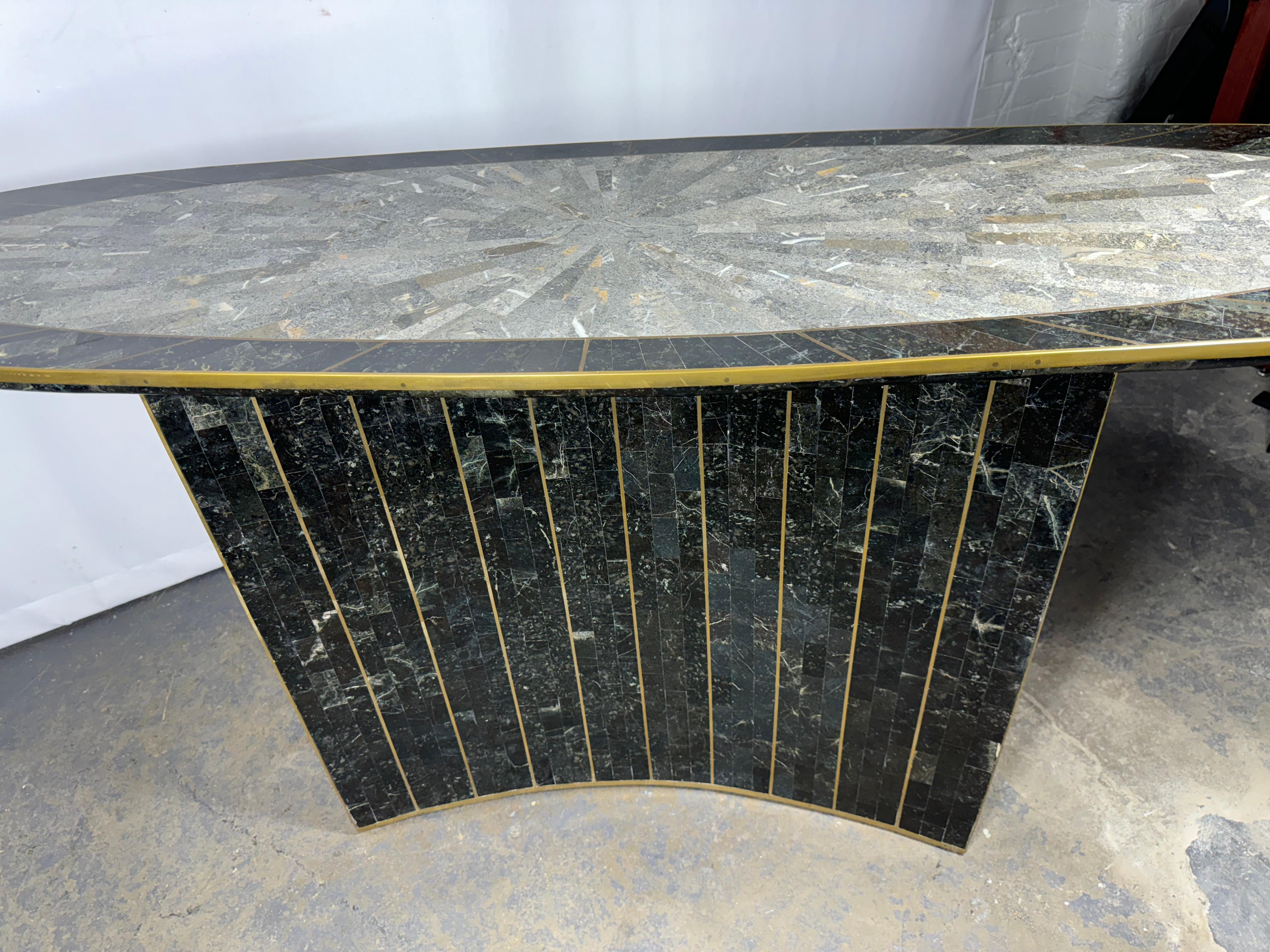 Philippine 1980s Vintage Maitland Smith Console, tessellated stone / brass inlay For Sale