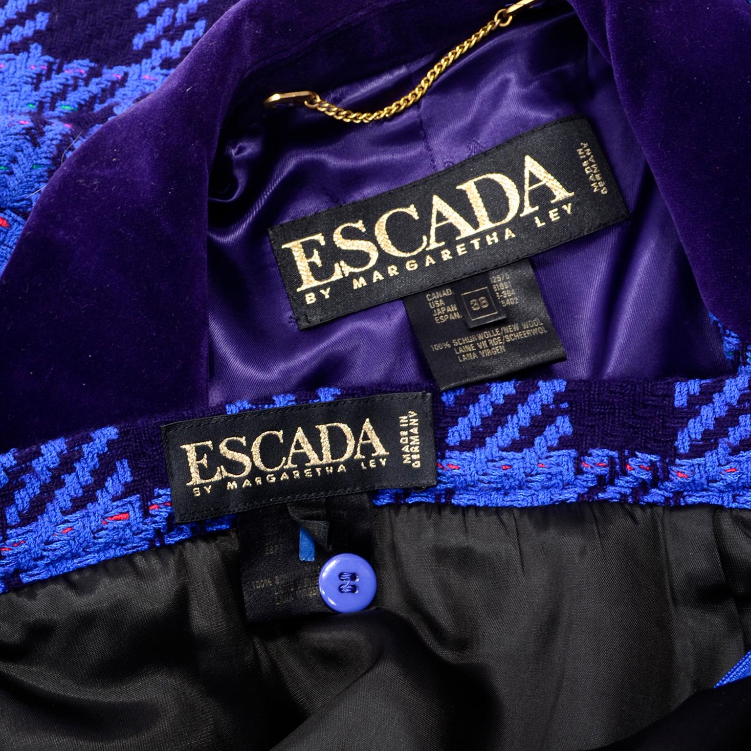 1980s Vintage Margaretha Ley Escada Blue & Purple Plaid Skirt & Blazer Suit 38 7