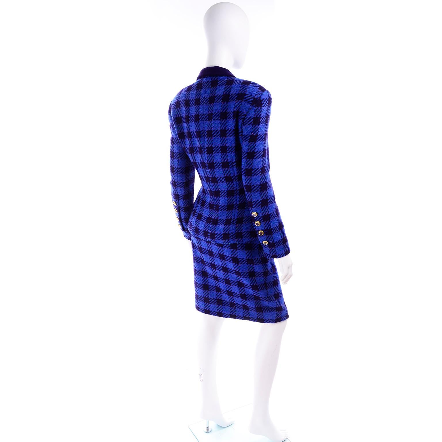 1980s Vintage Margaretha Ley Escada Blue & Purple Plaid Skirt & Blazer Suit 38 In Excellent Condition In Portland, OR