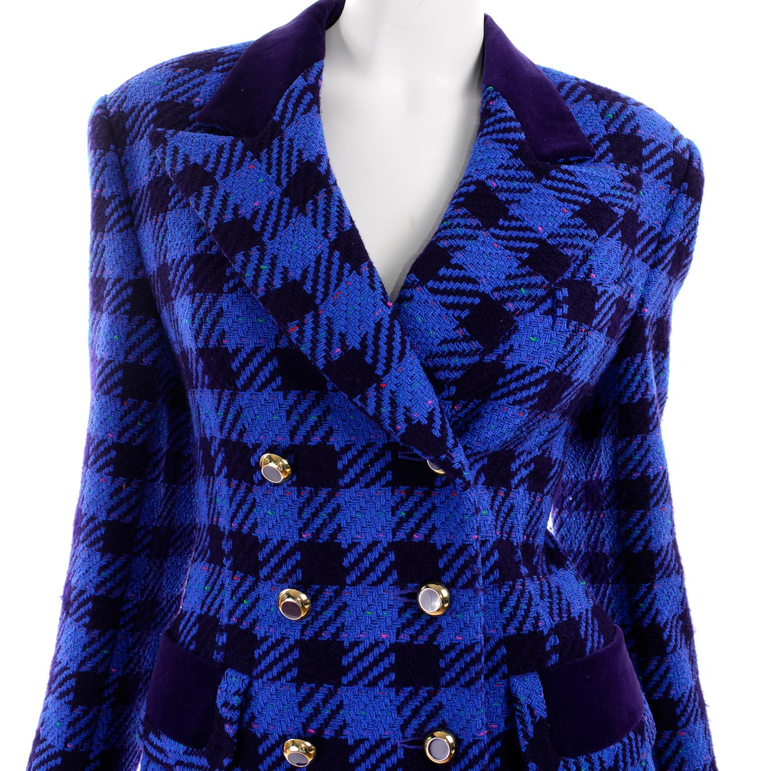 Women's 1980s Vintage Margaretha Ley Escada Blue & Purple Plaid Skirt & Blazer Suit 38