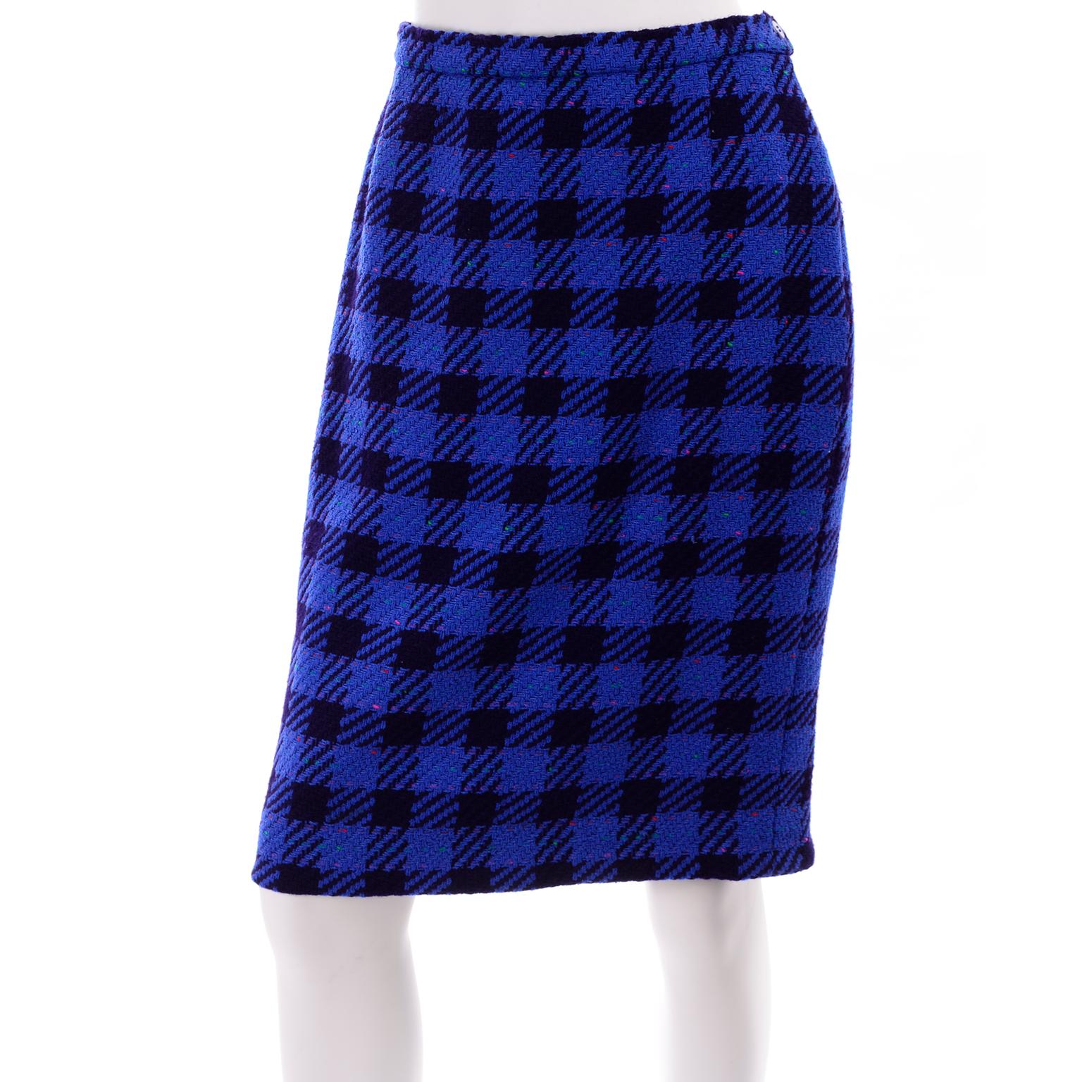 1980s Vintage Margaretha Ley Escada Blue & Purple Plaid Skirt & Blazer Suit 38 3