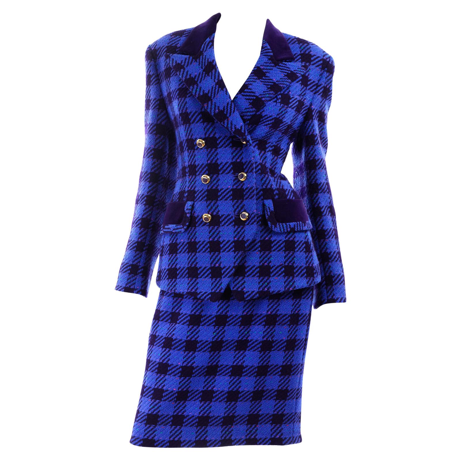 1980s Vintage Margaretha Ley Escada Blue & Purple Plaid Skirt & Blazer Suit 38