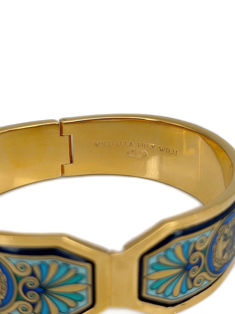 1980s Vintage Michaela Frey Gold Tone Greco Roman Enamel Bangle