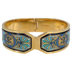 1980s Vintage Michaela Frey Gold Tone Greco Roman Enamel Bangle Bracelet