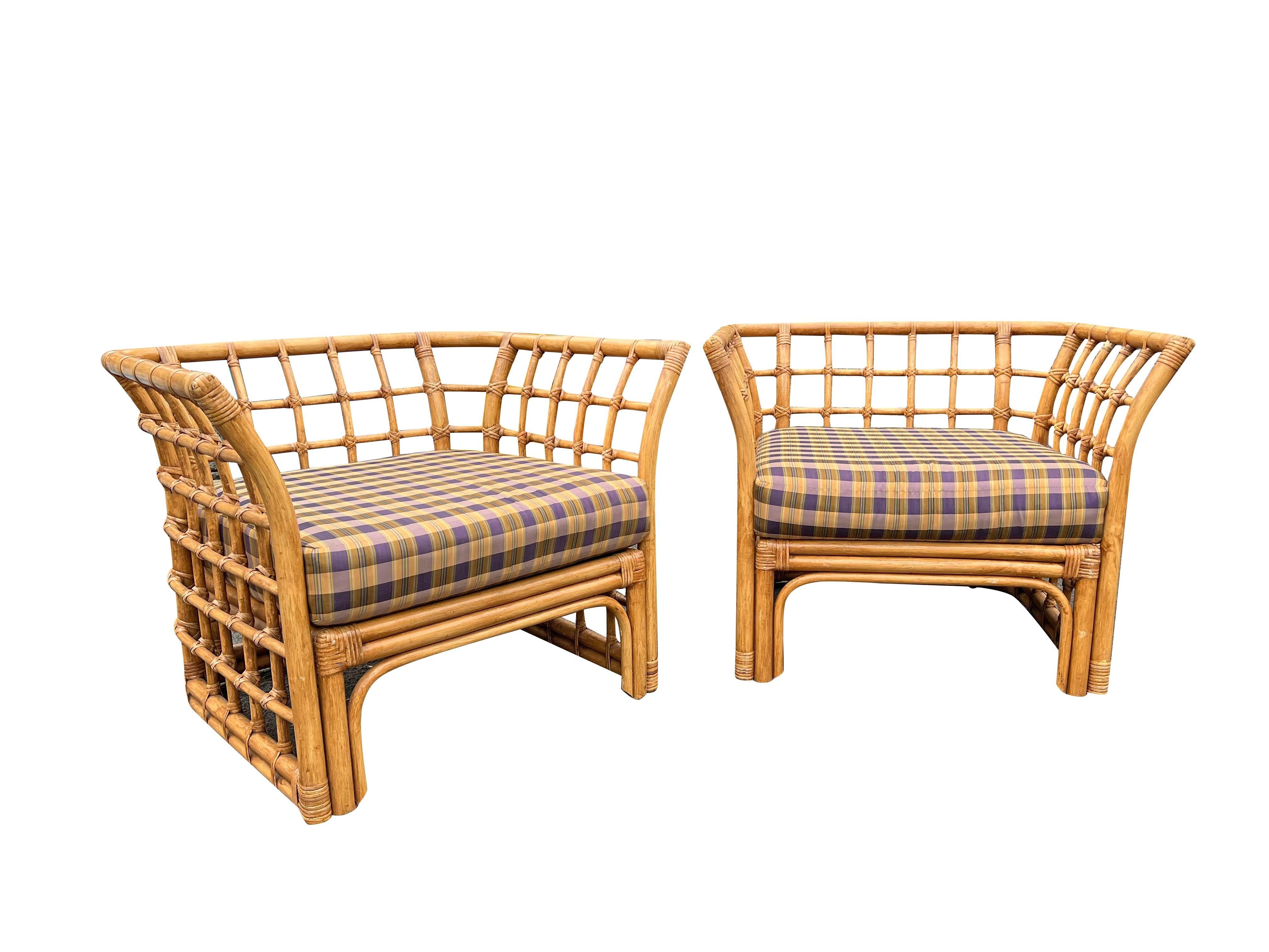 American 1980s Vintage Modern Wicker Pair of Chairs and Ottoman by Henry Link- 3 Pieces