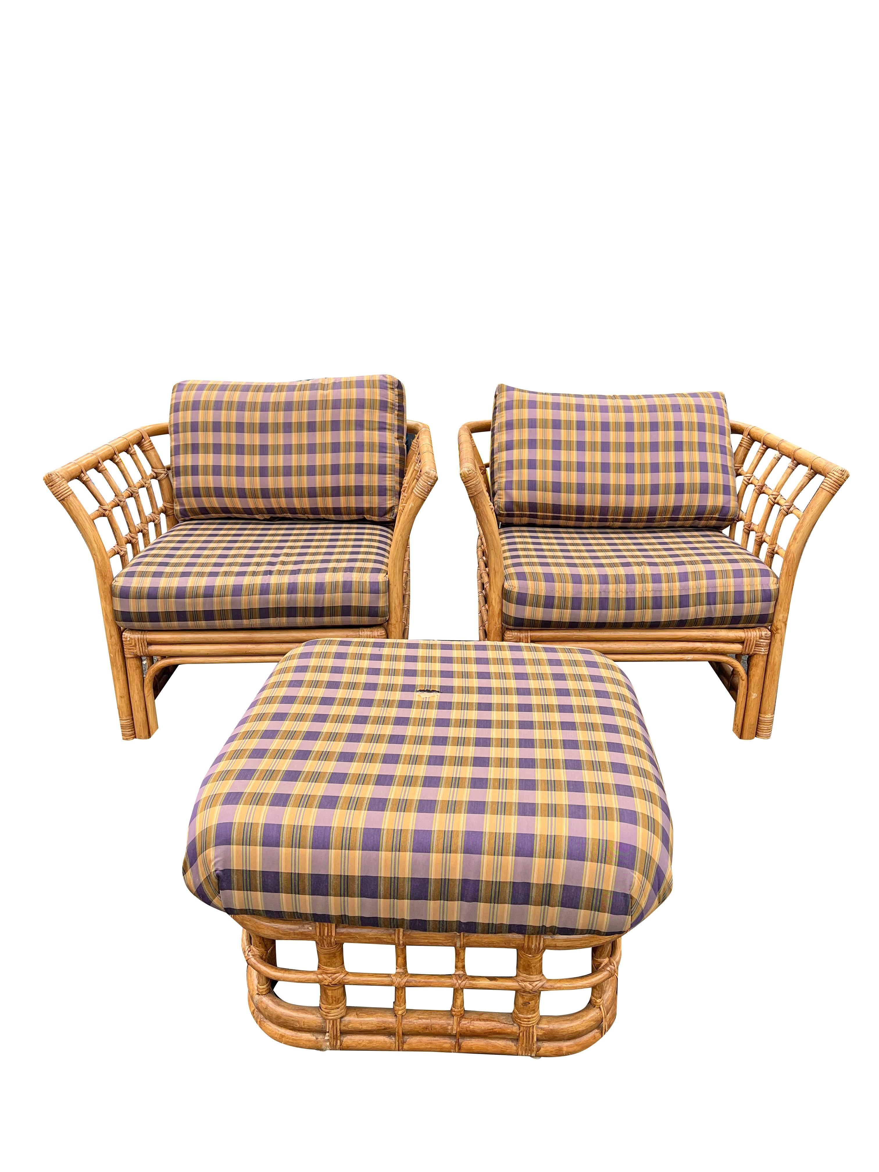1980s Vintage Modern Wicker Pair of Chairs and Ottoman by Henry Link- 3 Pieces In Good Condition In Saddle River, NJ