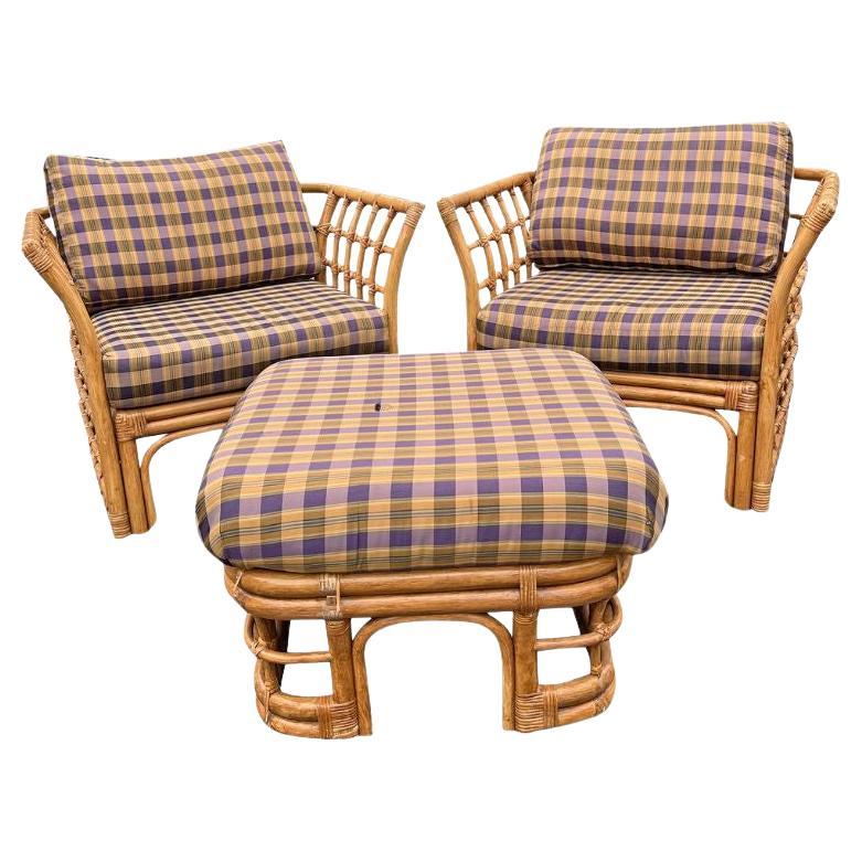 1980s Vintage Modern Wicker Pair of Chairs and Ottoman by Henry Link- 3 Pieces