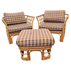1980s Vintage Modern Wicker Pair of Chairs and Ottoman by Henry Link- 3 Pieces