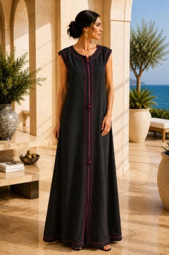 1980s Vintage Moroccan Black Sleeveless Caftan with Pink Embroidery
