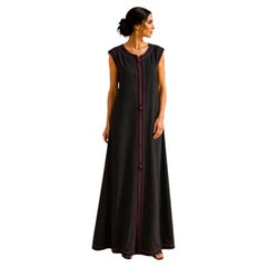 1980s Vintage Moroccan Black Sleeveless Caftan with Pink Embroidery