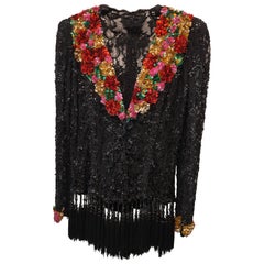 1980s Vintage multicoloured Sequins and black fringes t-shirt blouse size M